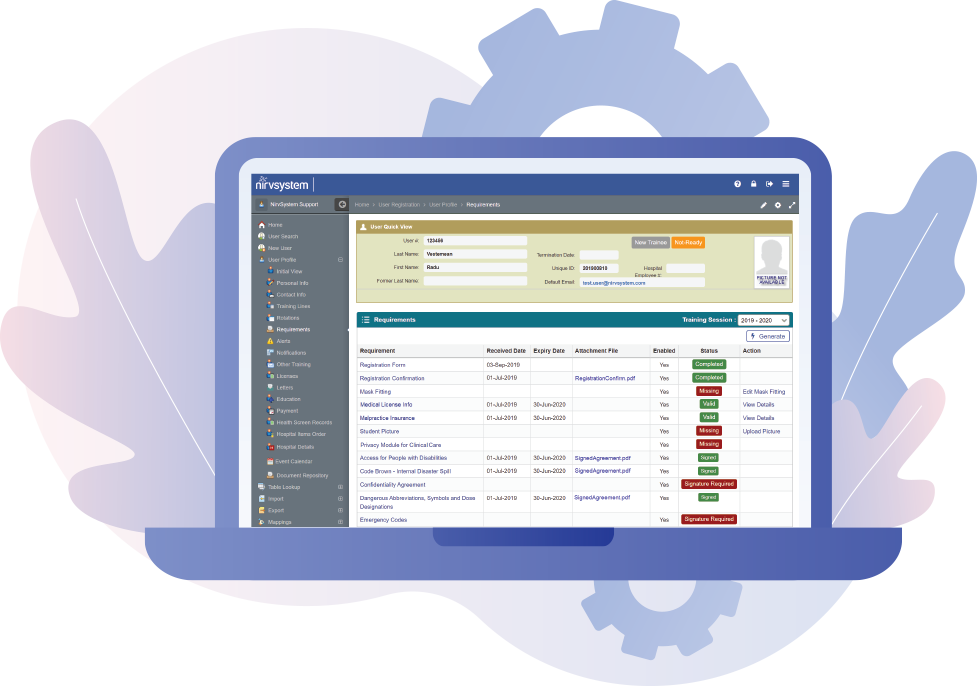 The NirvSystem dashboard showing automated credential requirements and compliance statuses